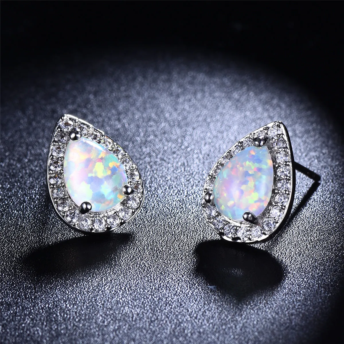 White Opal & Cubic Zirconia Teardrop Cushion Stud Earrings