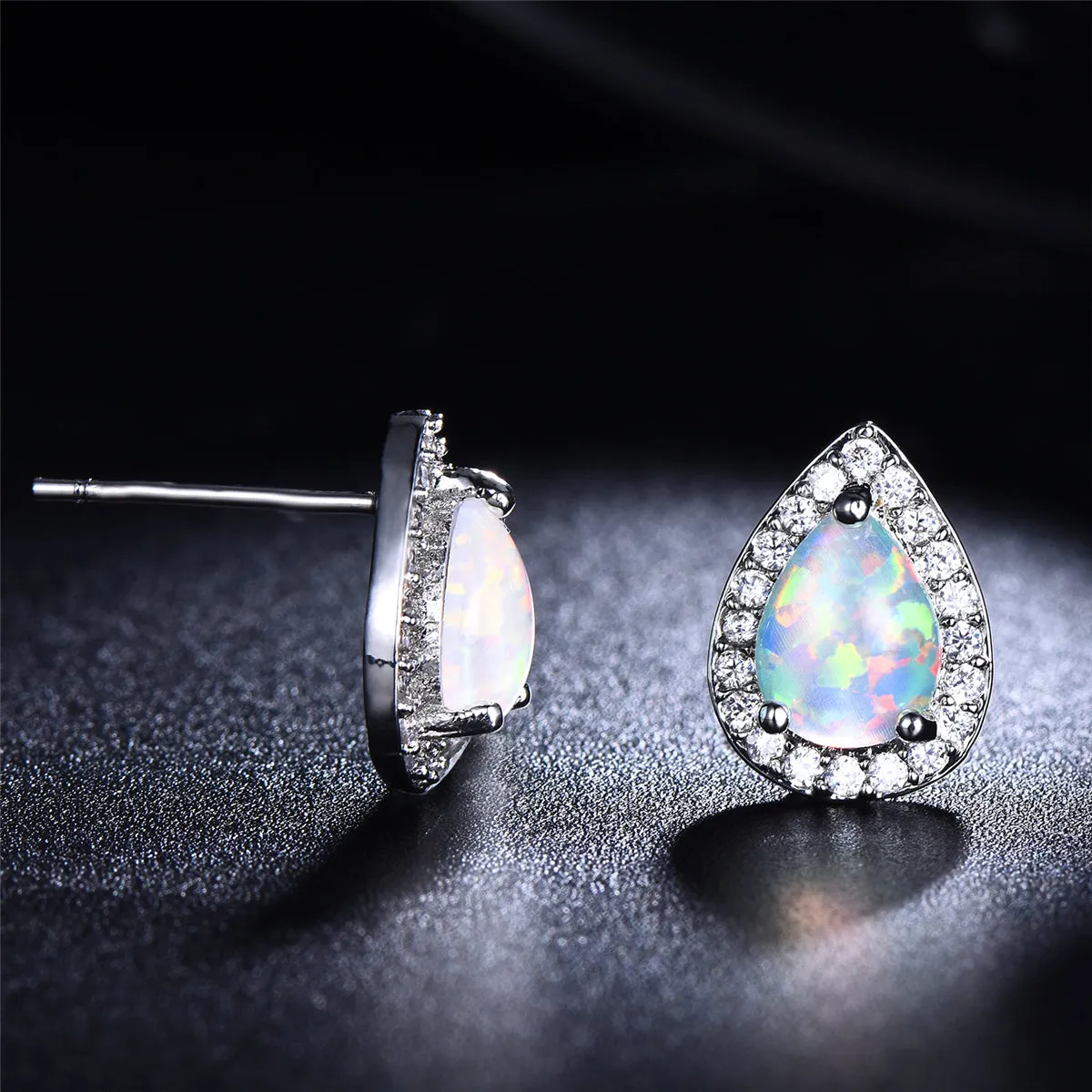 White Opal & Cubic Zirconia Teardrop Cushion Stud Earrings