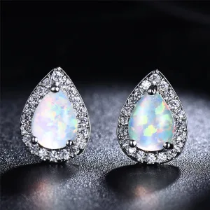 White Opal & Cubic Zirconia Teardrop Cushion Stud Earrings