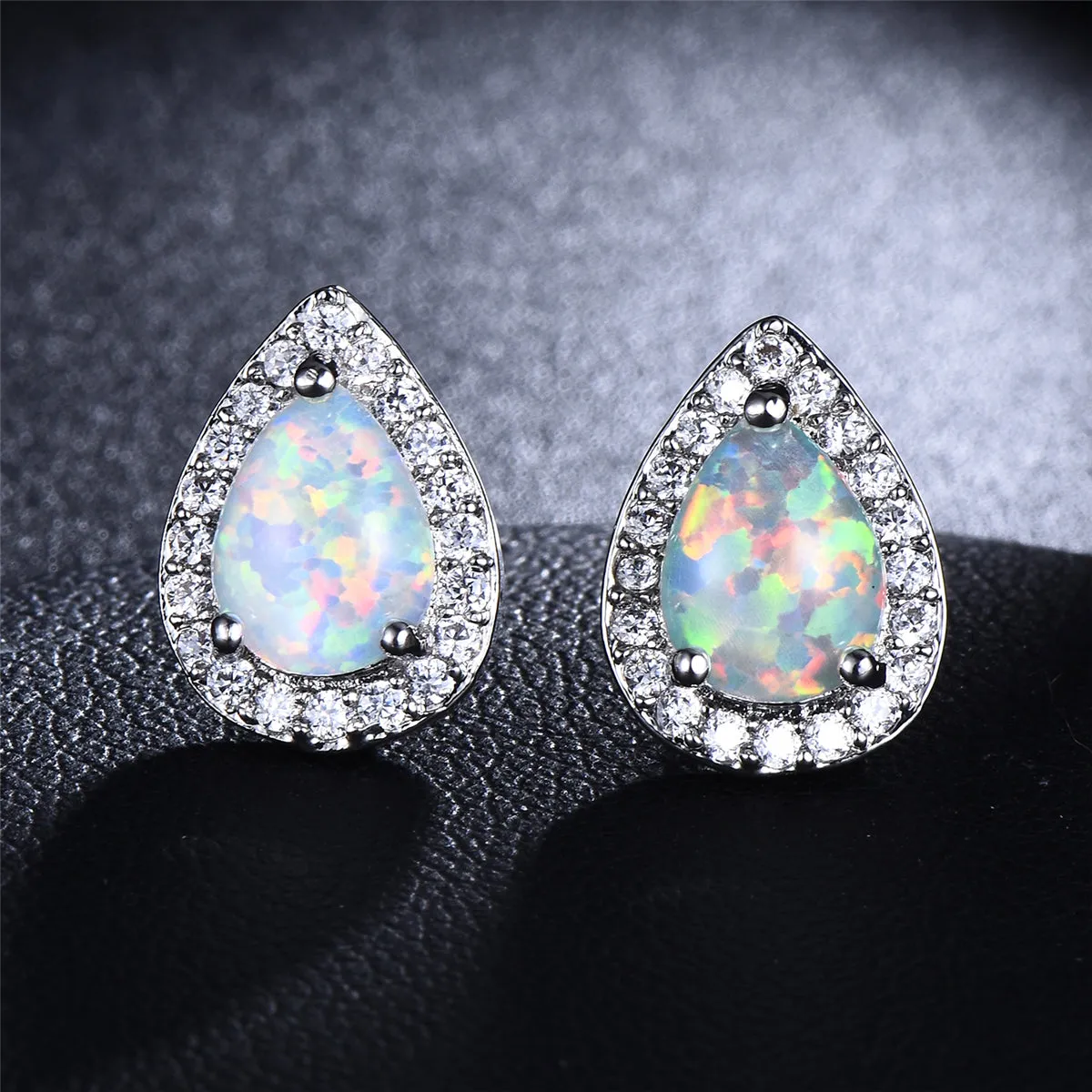 White Opal & Cubic Zirconia Teardrop Cushion Stud Earrings