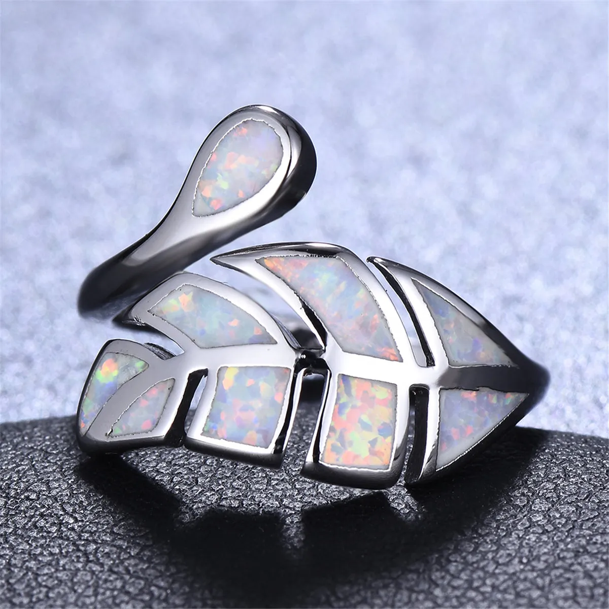 White Opal & Silver-Plated Leaf Bypass Ring