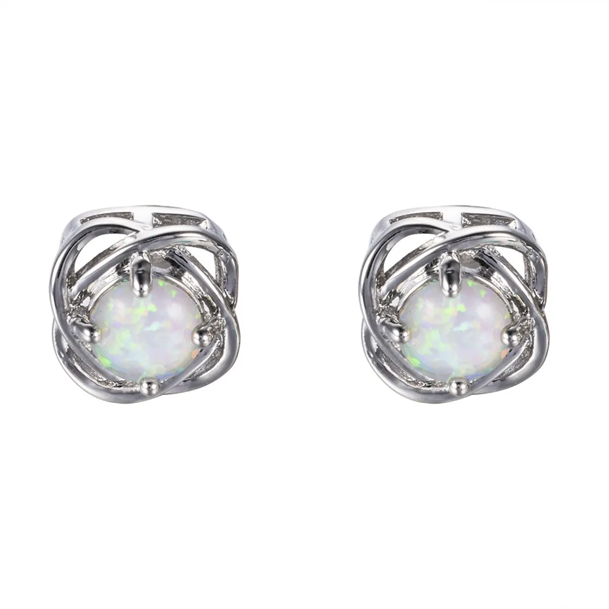 White Opal & Silver-Plated Round Wrapped Stud Earrings
