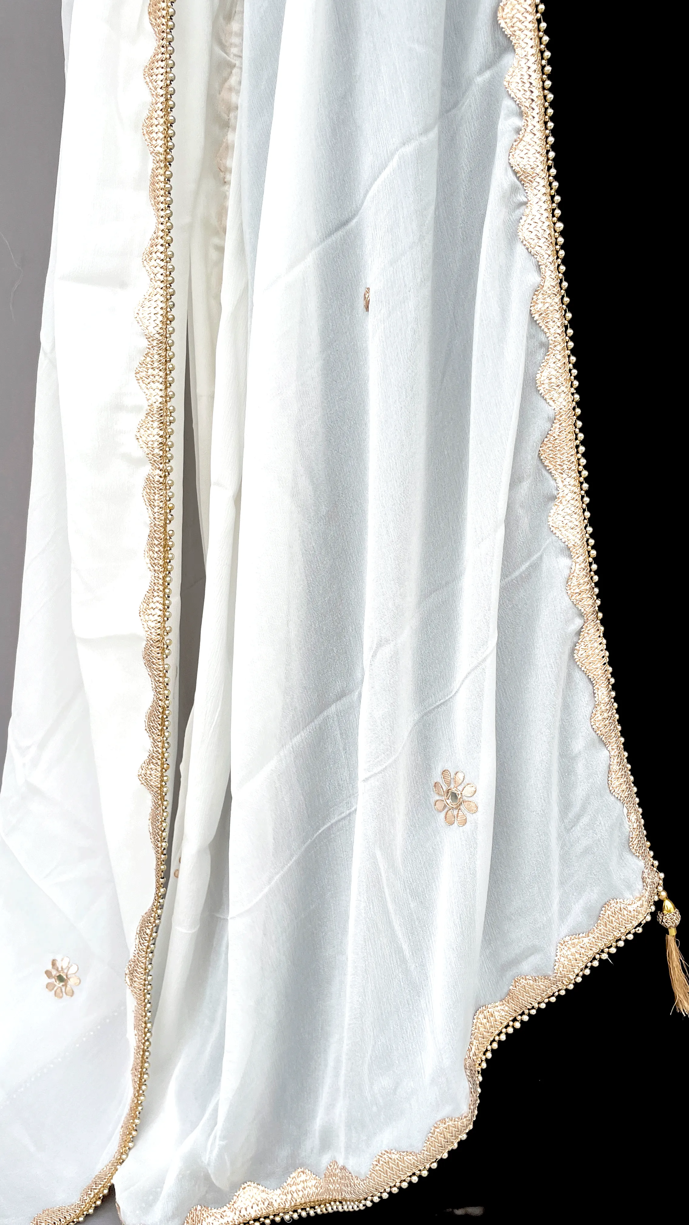 White Pure Chinon Dupatta with Gota patti Handwork Floral Mirror Work Hand Embroidery Rajasthani Stole Wrap ACD21744