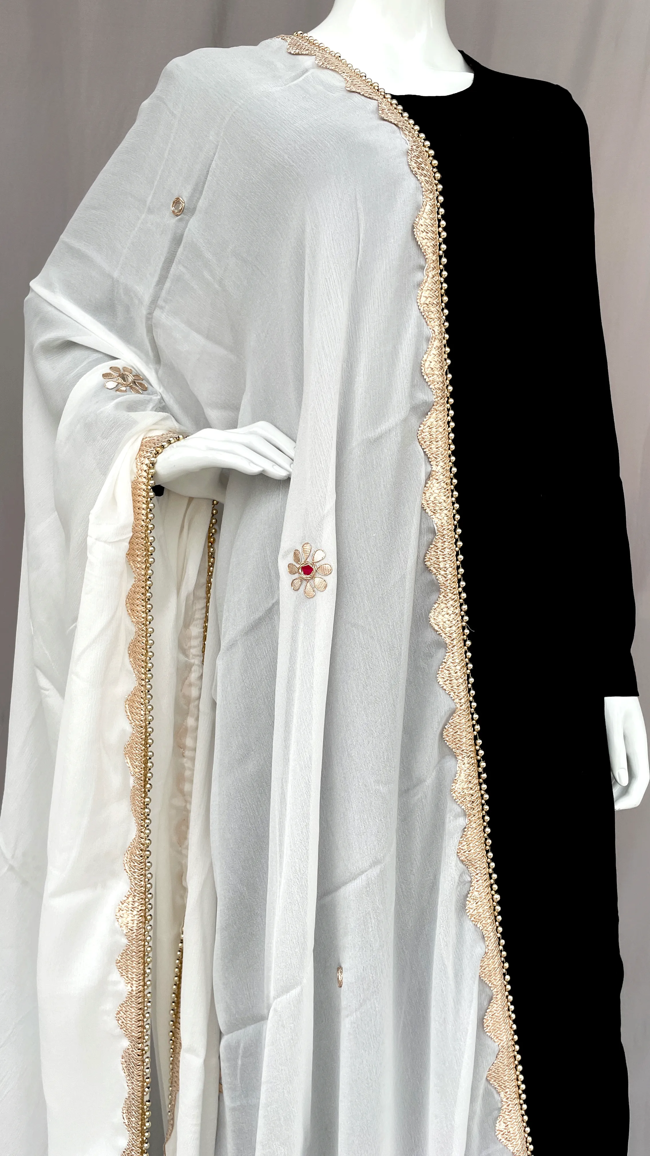 White Pure Chinon Dupatta with Gota patti Handwork Floral Mirror Work Hand Embroidery Rajasthani Stole Wrap ACD21744