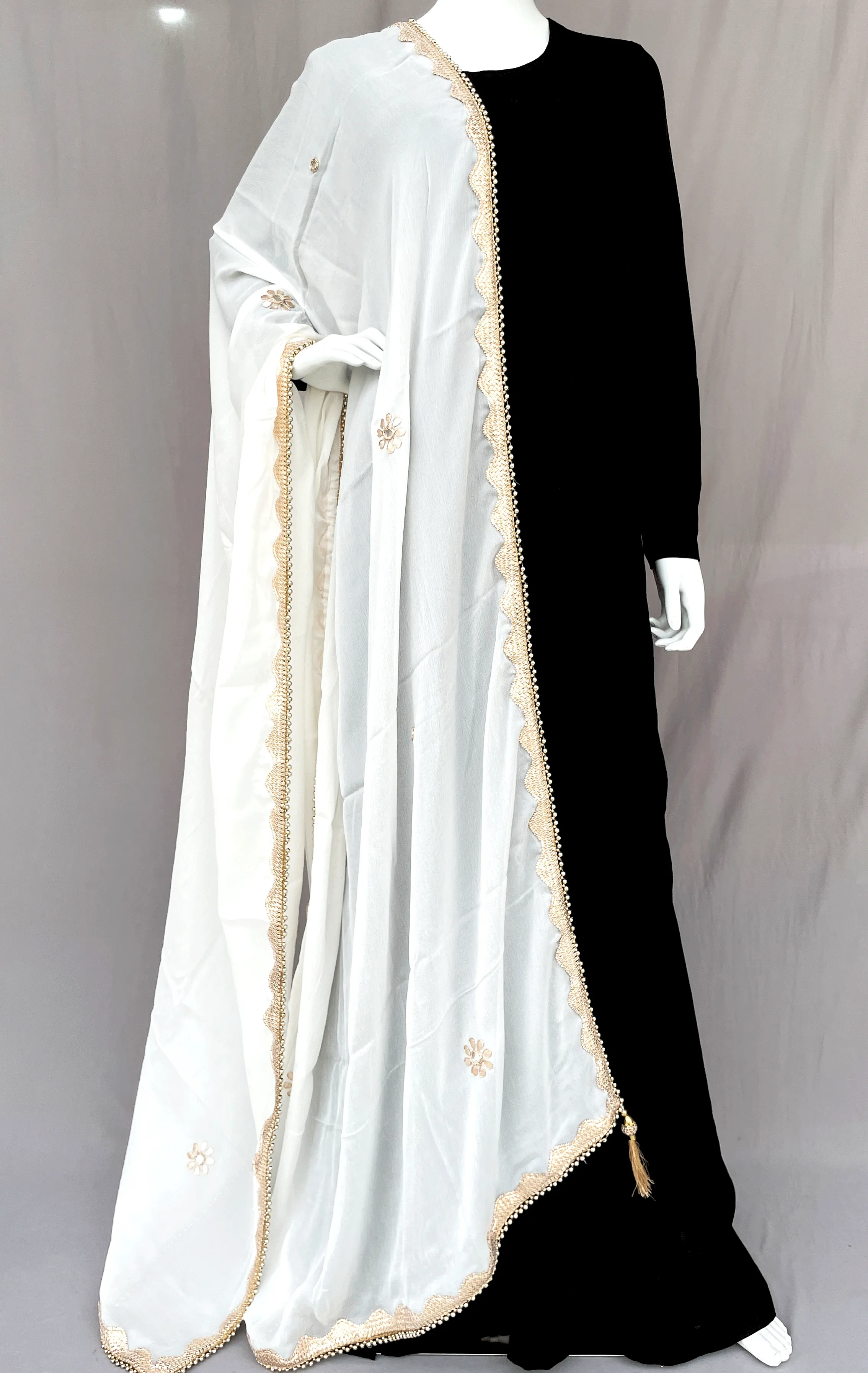 White Pure Chinon Dupatta with Gota patti Handwork Floral Mirror Work Hand Embroidery Rajasthani Stole Wrap ACD21744