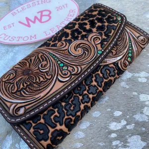Wild Traditional Floral w/ Turquoise Pearl Tooled Leather Women's Wallet