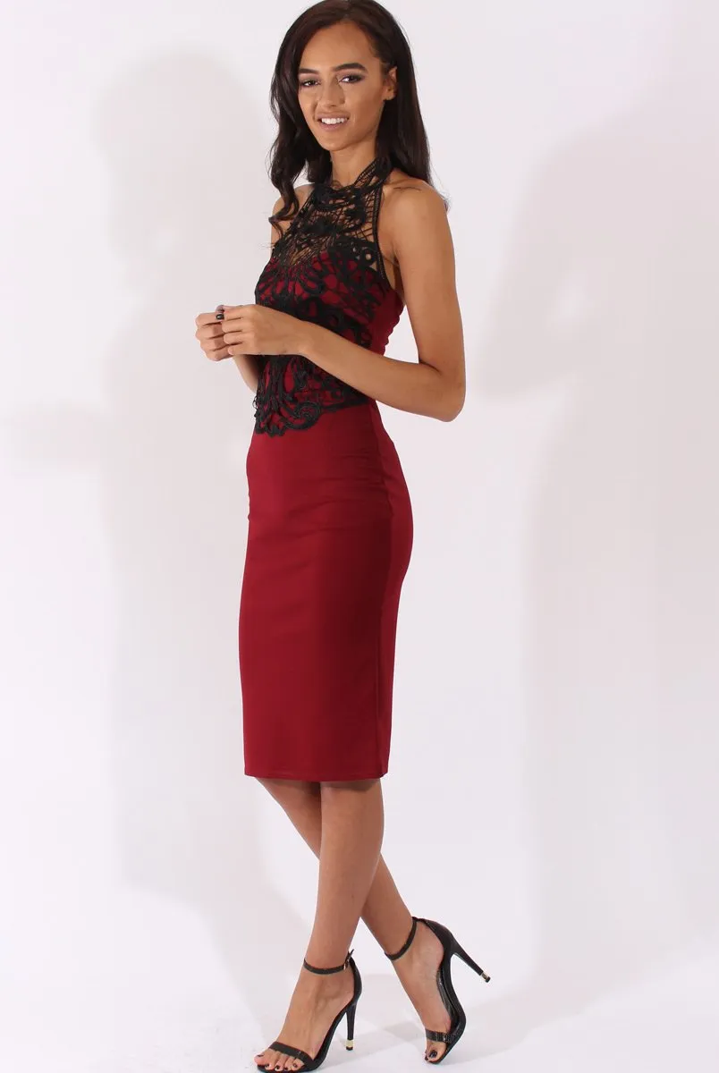 Wine Halterneck Crochet Layer Midi Dress - Andie