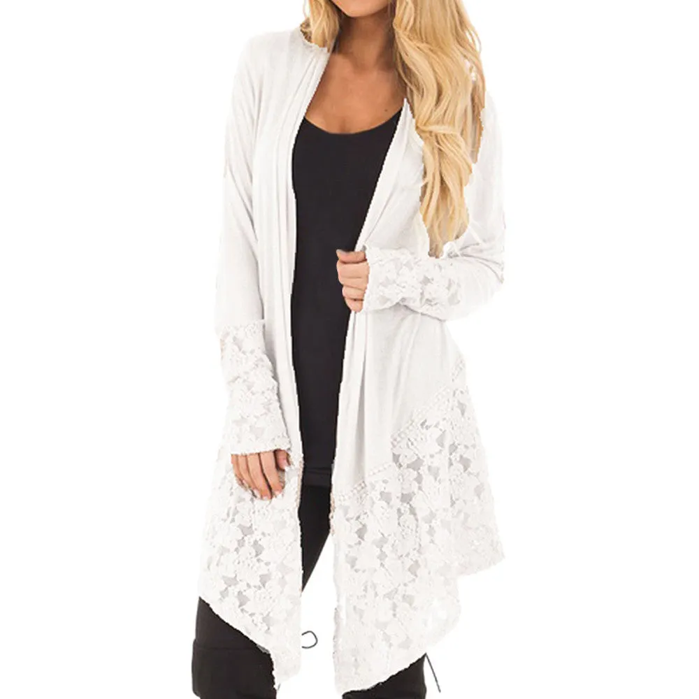 Women  Lace Patchwork Long Sleeve Casual Pure Color Cardigan