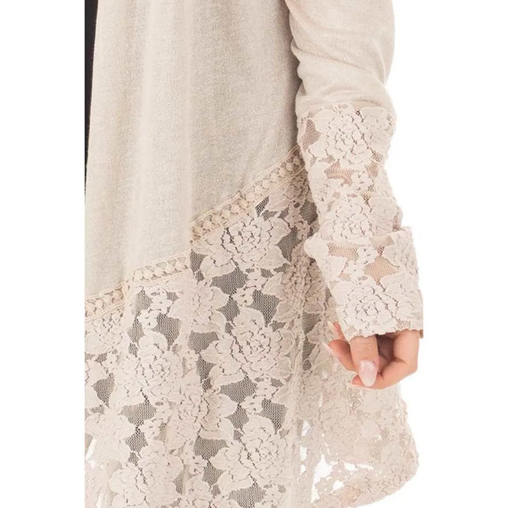 Women  Lace Patchwork Long Sleeve Casual Pure Color Cardigan