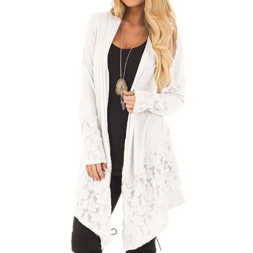 Women  Lace Patchwork Long Sleeve Casual Pure Color Cardigan