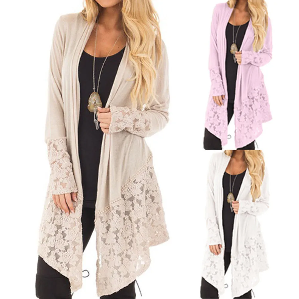 Women  Lace Patchwork Long Sleeve Casual Pure Color Cardigan