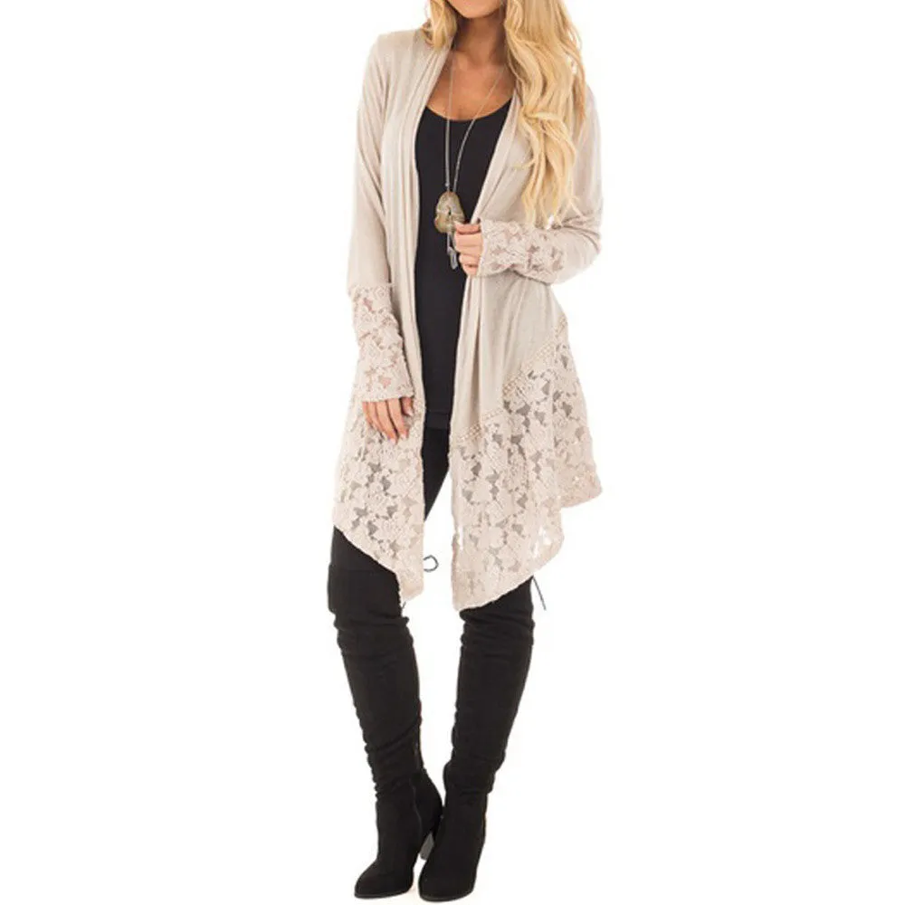 Women  Lace Patchwork Long Sleeve Casual Pure Color Cardigan