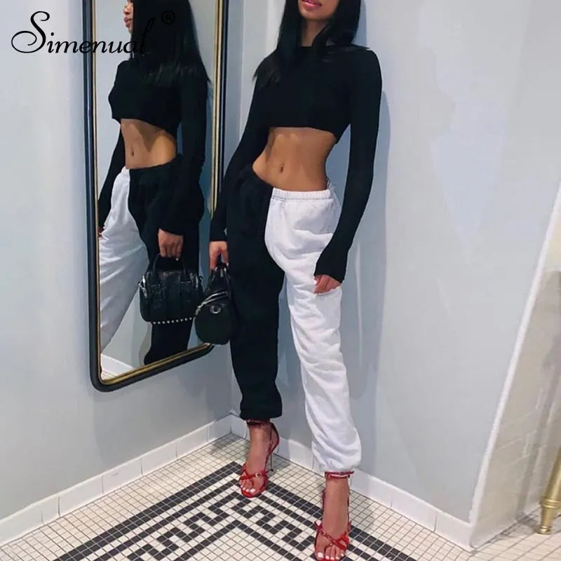 Women Sweatpants High Waist Color Blocking Long Pants Slim