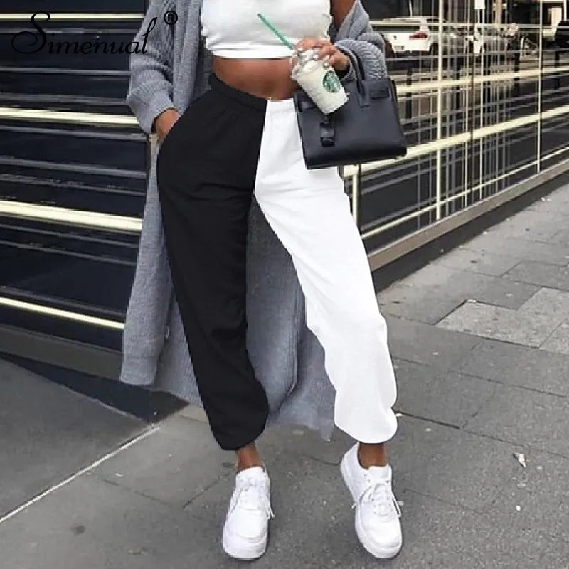 Women Sweatpants High Waist Color Blocking Long Pants Slim