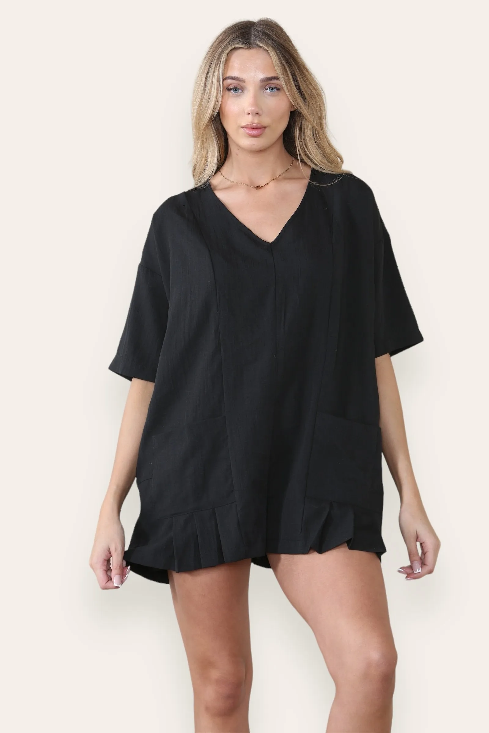 Women's Casual Plain V Neck Half Sleeve Side Pocket Loose Playsuit
