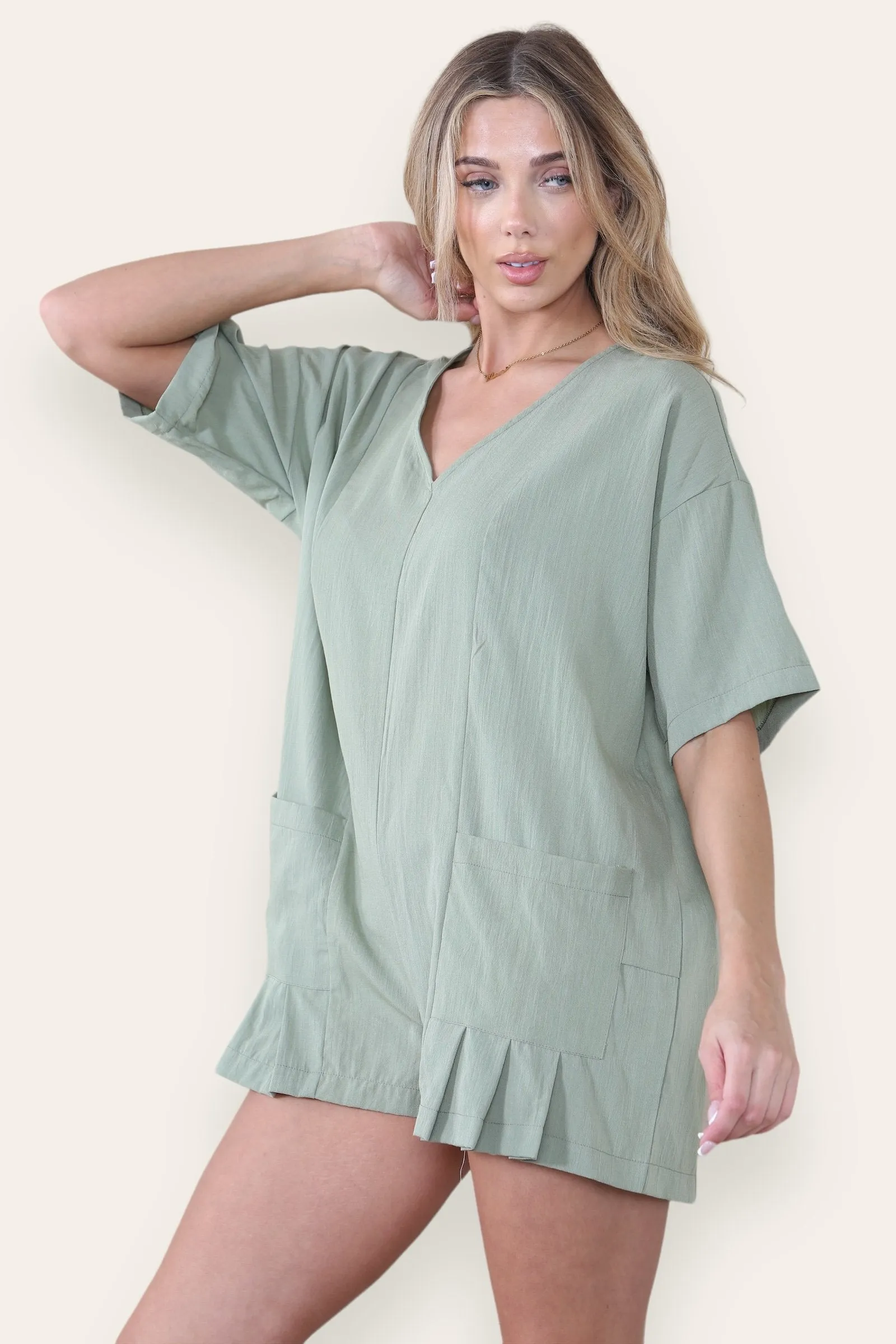 Women's Casual Plain V Neck Half Sleeve Side Pocket Loose Playsuit