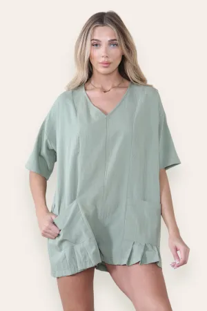 Women's Casual Plain V Neck Half Sleeve Side Pocket Loose Playsuit