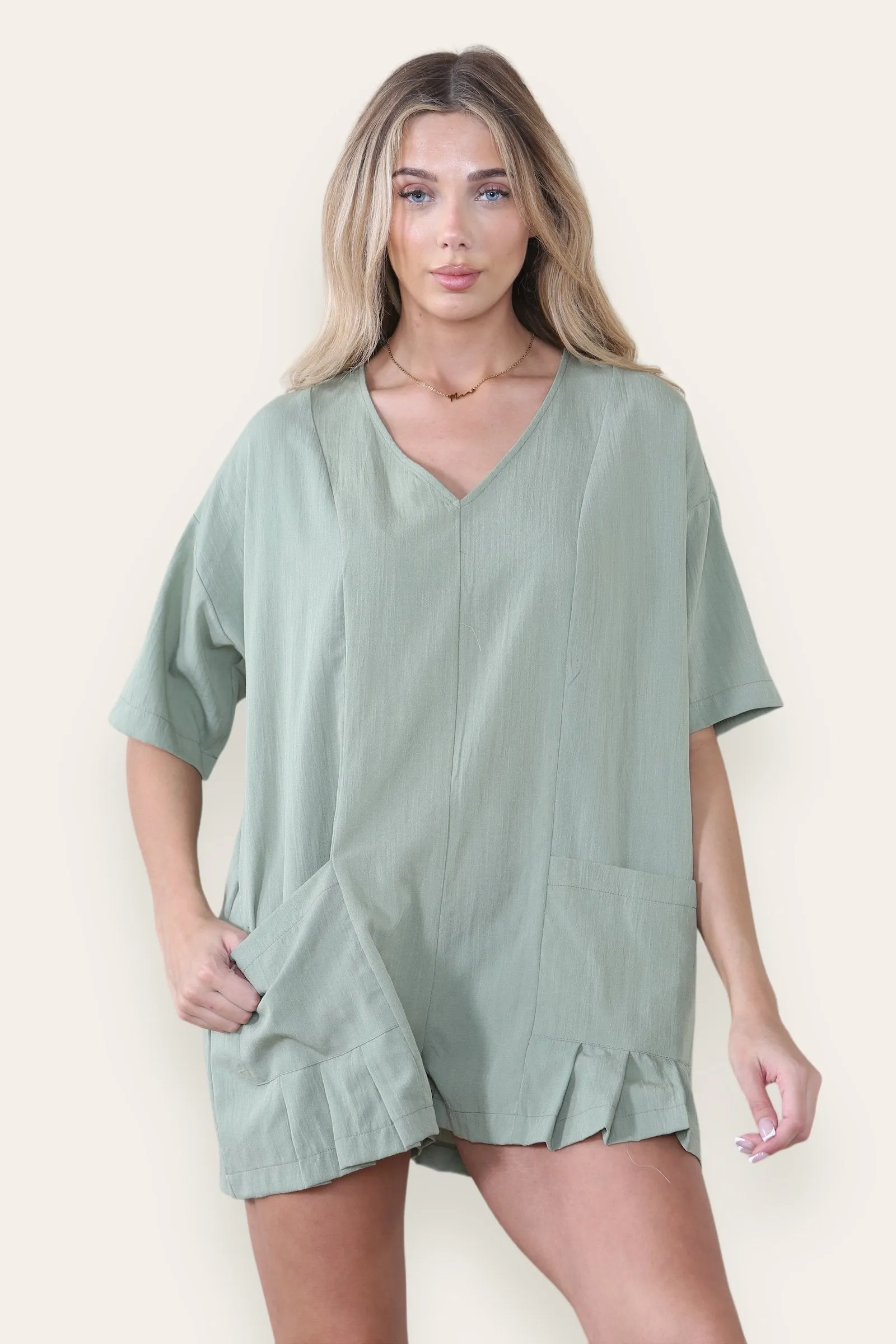 Women's Casual Plain V Neck Half Sleeve Side Pocket Loose Playsuit