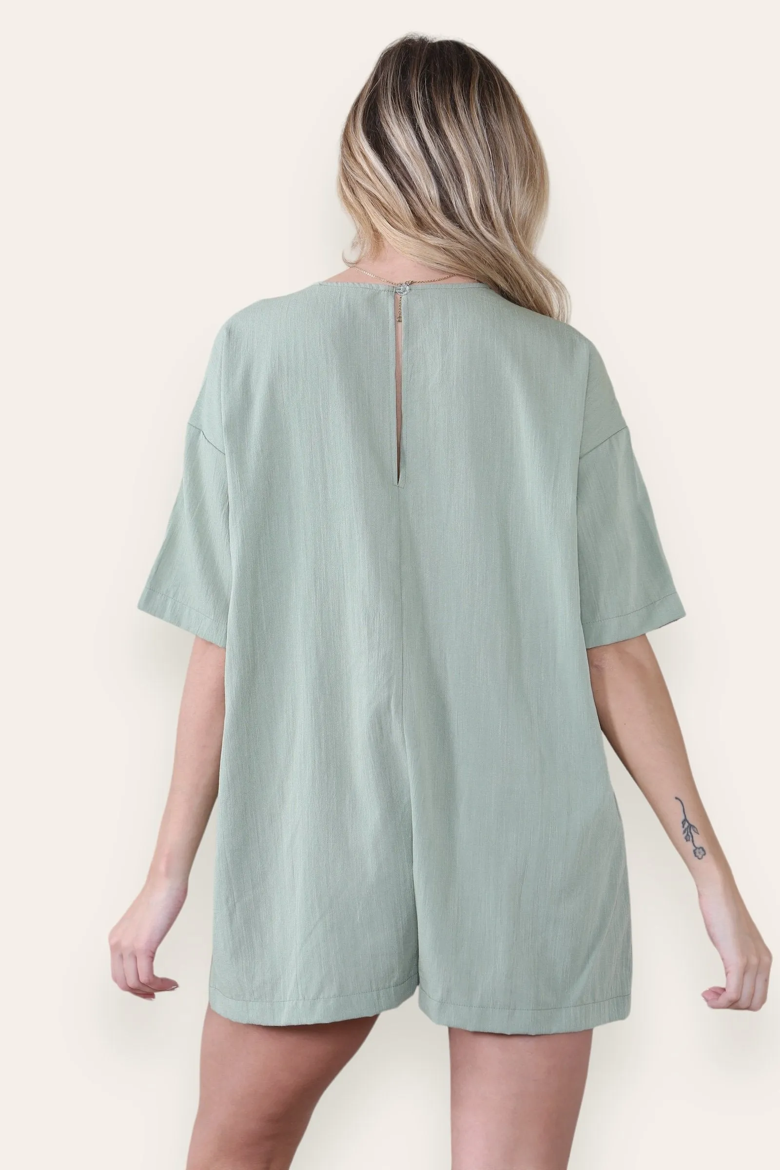 Women's Casual Plain V Neck Half Sleeve Side Pocket Loose Playsuit