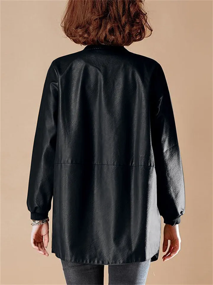 Women's Casual Stand Collar Zipper PU Leather Baseball Jacket