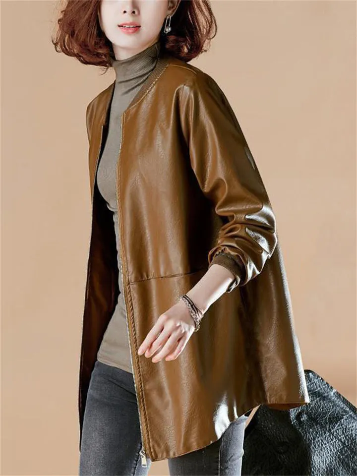 Women's Casual Stand Collar Zipper PU Leather Baseball Jacket