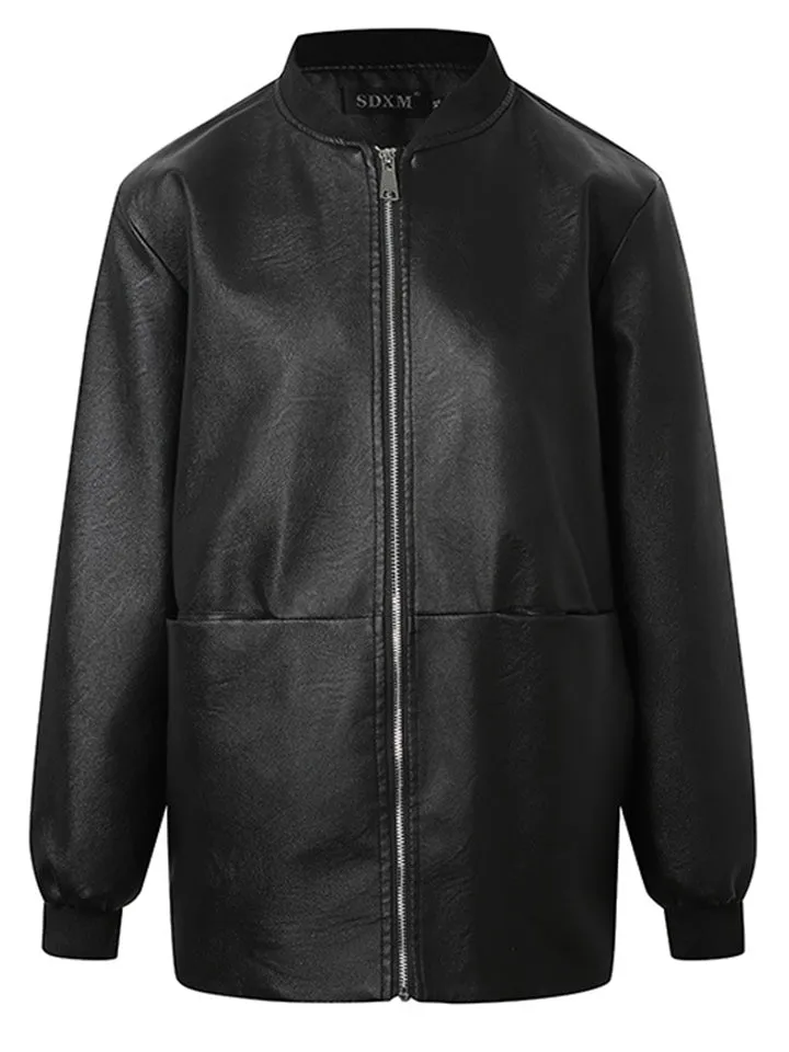 Women's Casual Stand Collar Zipper PU Leather Baseball Jacket