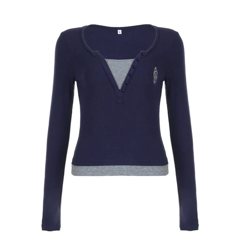 Women's Classic Fake Two Piece Long Sleeve