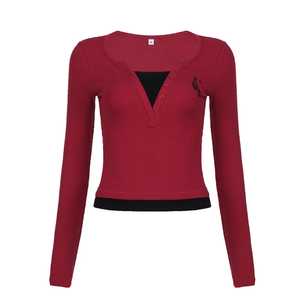 Women's Classic Fake Two Piece Long Sleeve