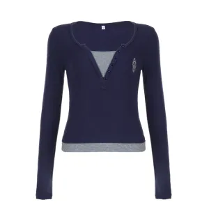 Women's Classic Fake Two Piece Long Sleeve