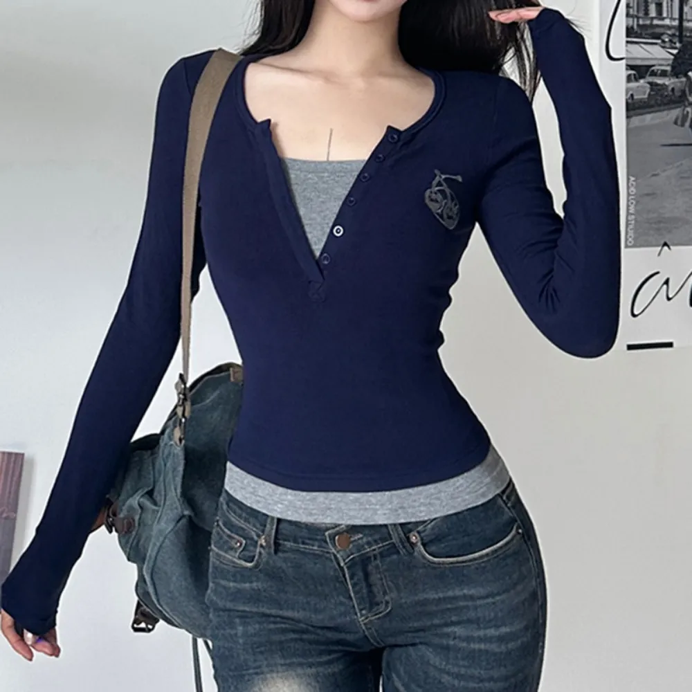 Women's Classic Fake Two Piece Long Sleeve