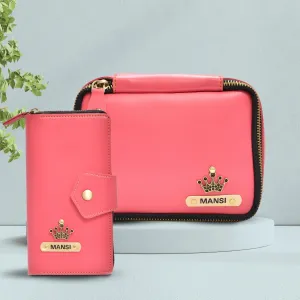 Women's Combo - Mini Makeup Kit & zip around lady Wallet (Pink)