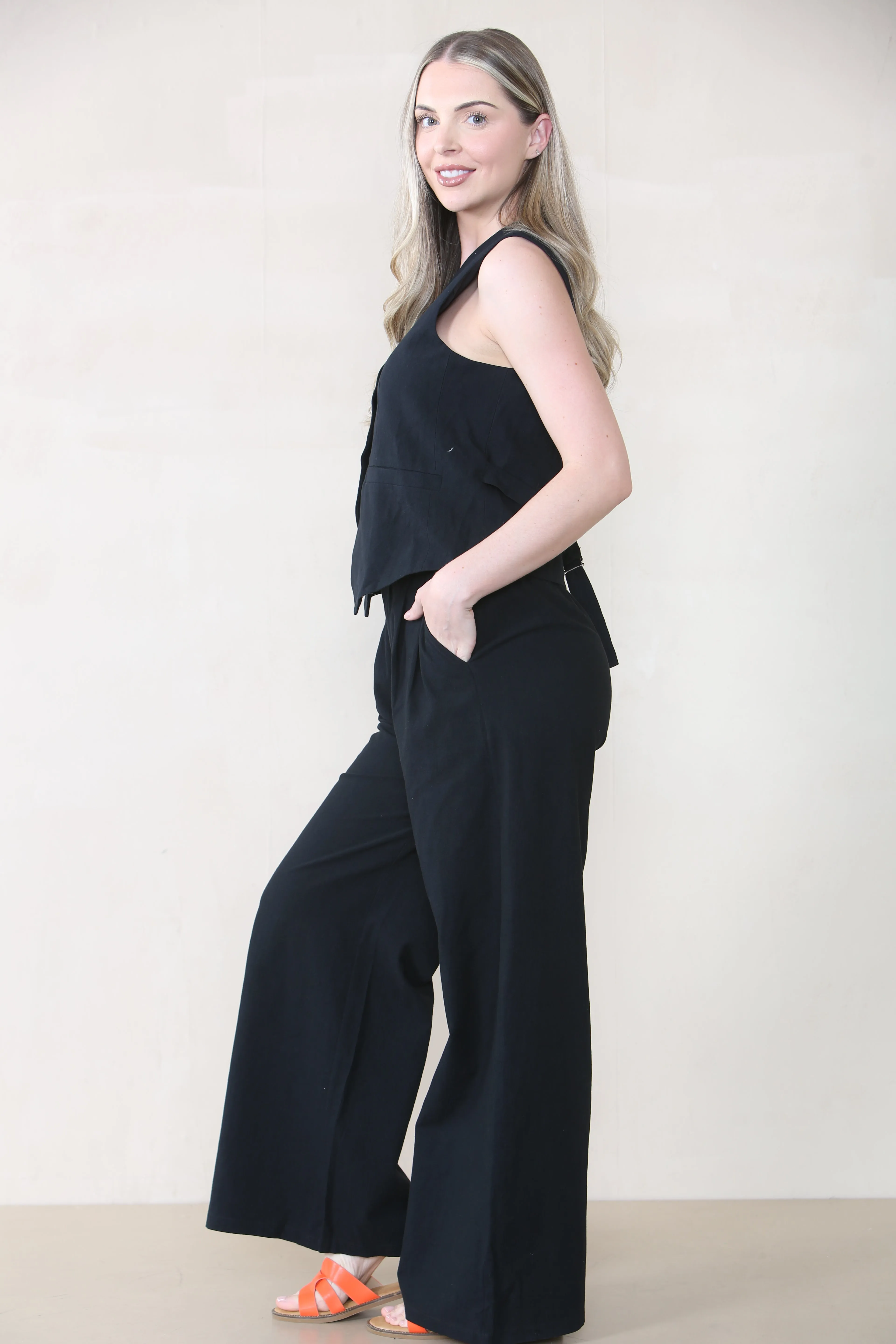 Women's Commuter V Neck Sleeveless Button Up Top & Wide Leg Trousers Co-ord
