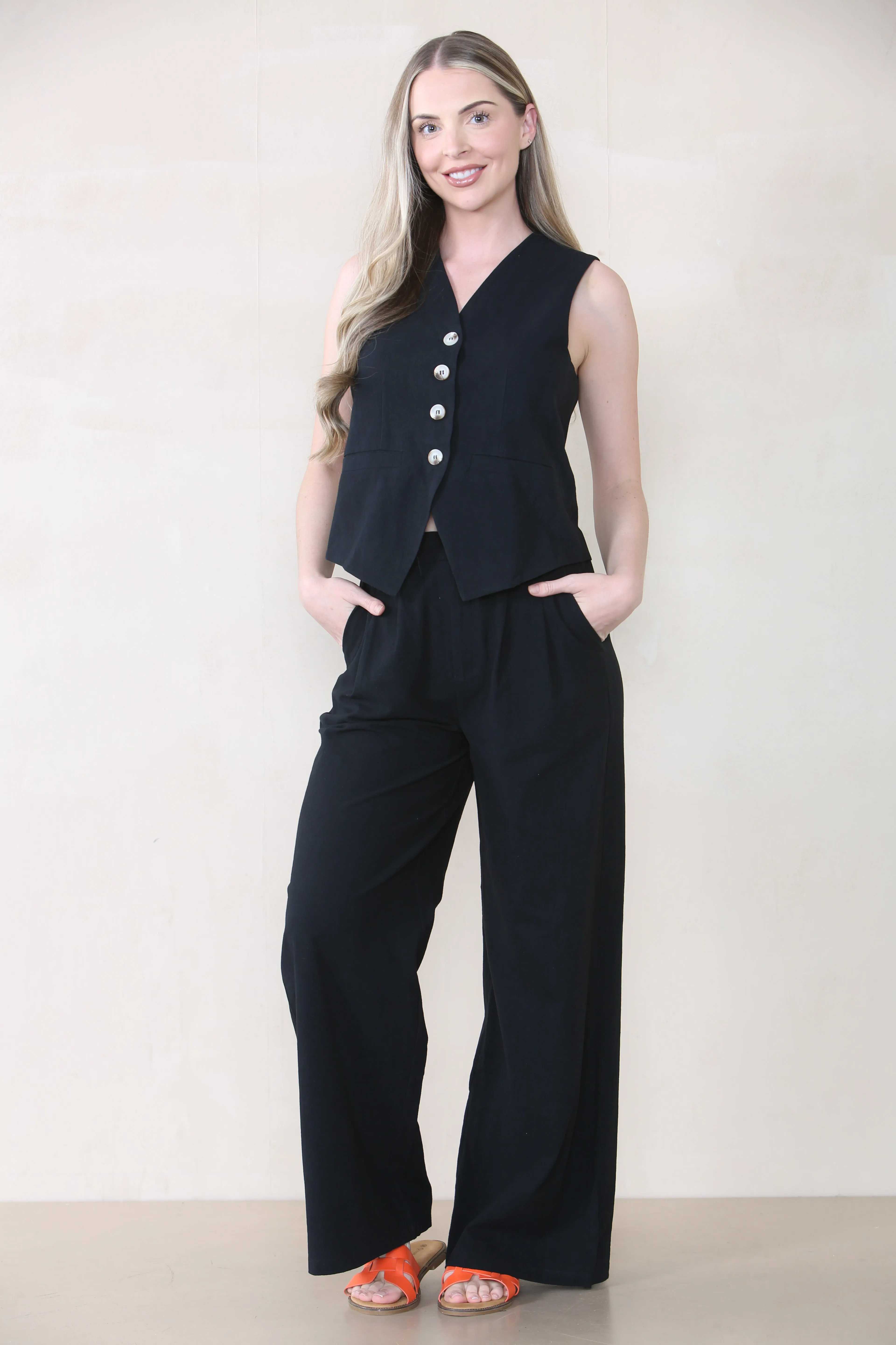 Women's Commuter V Neck Sleeveless Button Up Top & Wide Leg Trousers Co-ord