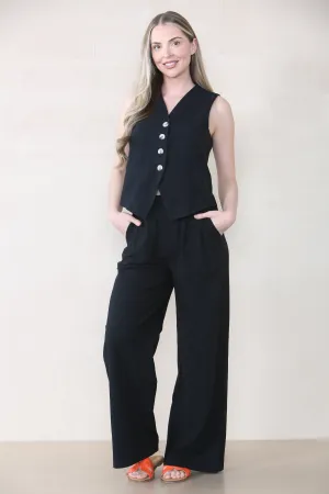 Women's Commuter V Neck Sleeveless Button Up Top & Wide Leg Trousers Co-ord