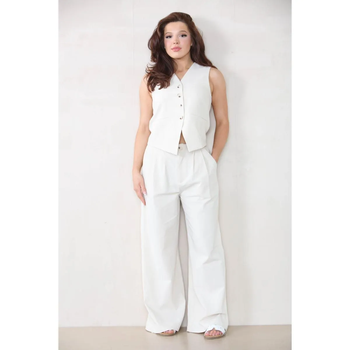 Women's Commuter V Neck Sleeveless Button Up Top & Wide Leg Trousers Co-ord