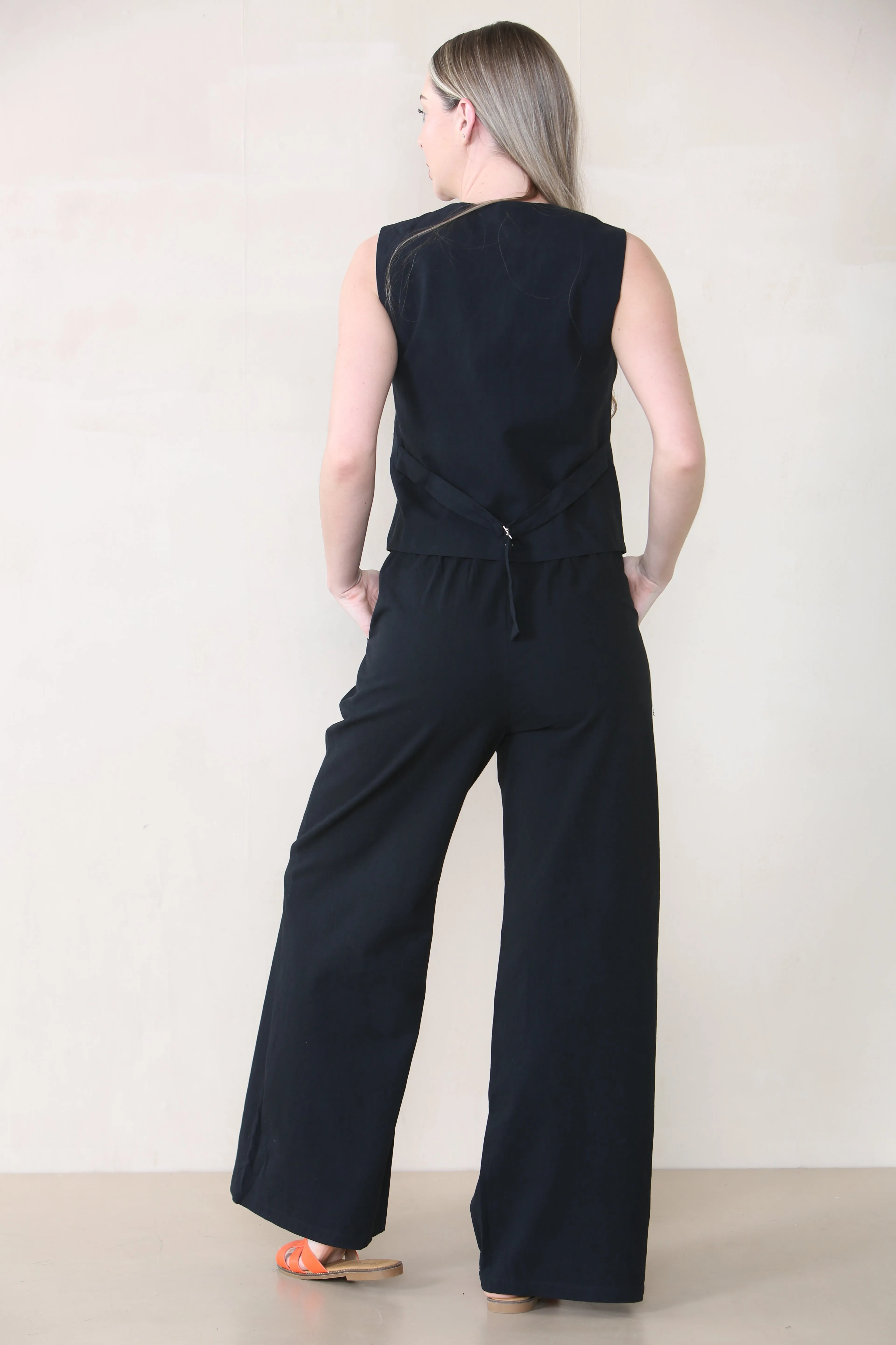 Women's Commuter V Neck Sleeveless Button Up Top & Wide Leg Trousers Co-ord