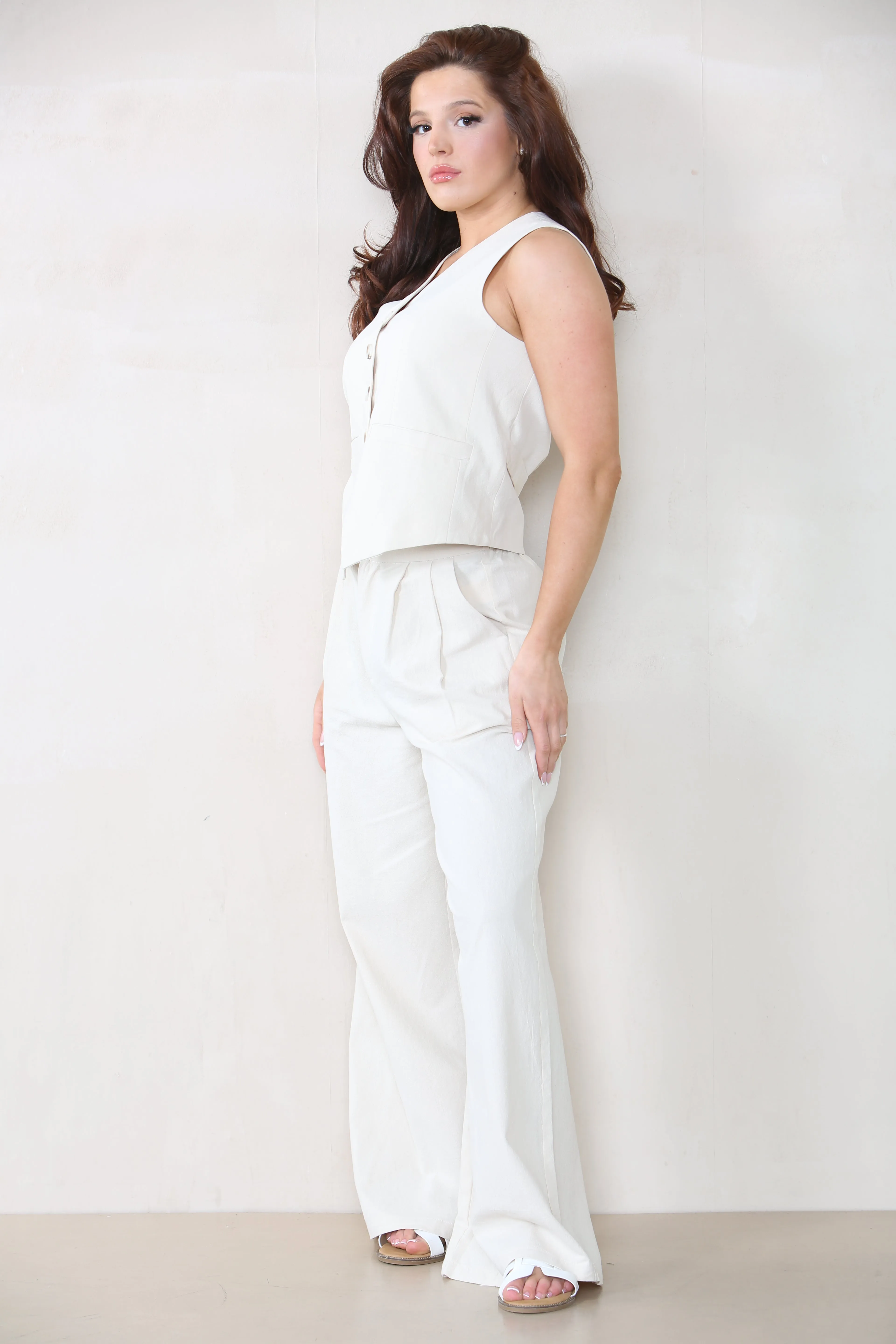 Women's Commuter V Neck Sleeveless Button Up Top & Wide Leg Trousers Co-ord