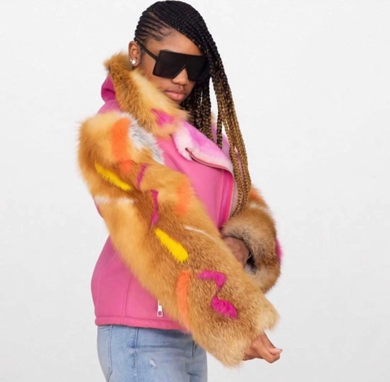 Women's Custom Made Shearling Jacket with Fox Sleeves