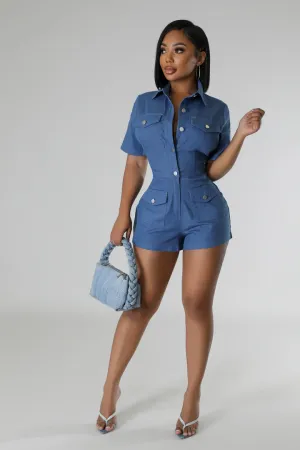 Women's Denim Collar Pocketed Short Sleeve Romper
