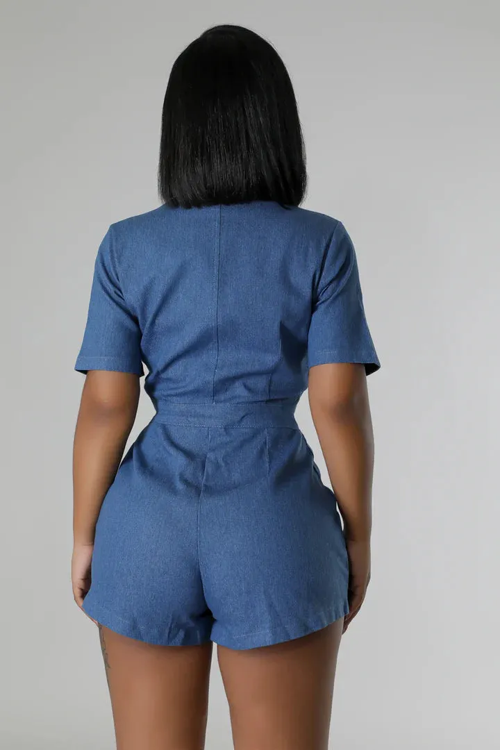 Women's Denim Collar Pocketed Short Sleeve Romper