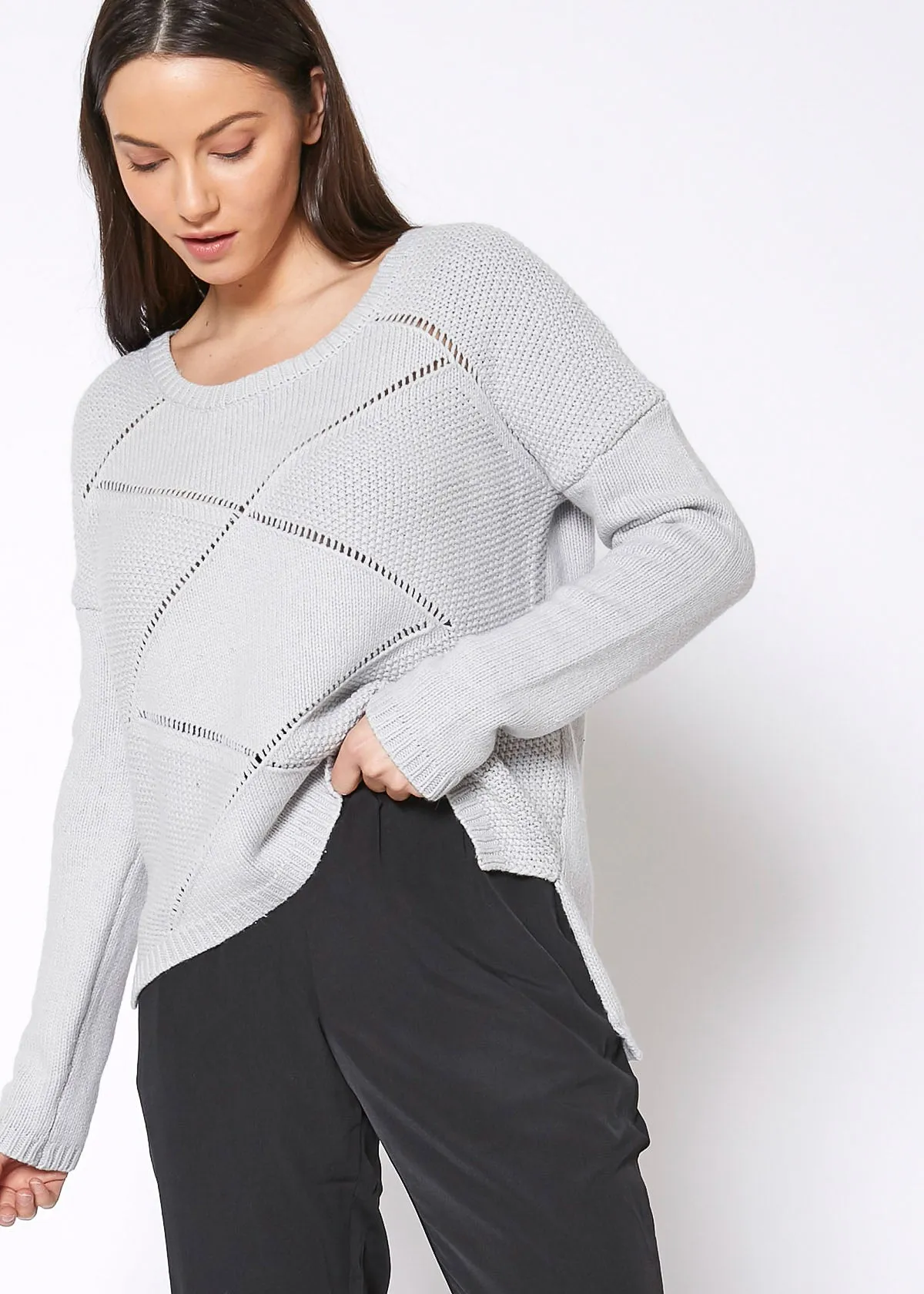Women's Eyelet Cutout Hi Lo Sweater
