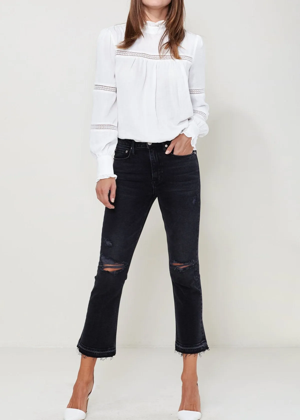 Women's Eyelet Long Sleeve Mock Neck Top