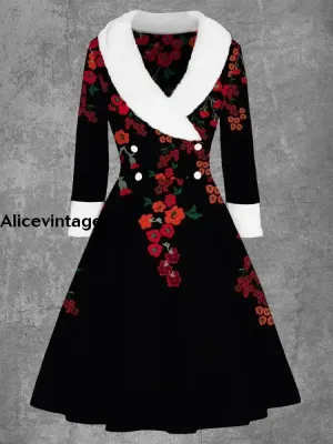 Women's Fashion Elegant Artistic Floral Print Long Sleeve V-Neck Fur Collar Midi Coat