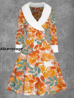 Women's Fashion Elegant Artistic Floral Print Long Sleeve V-Neck Fur Collar Midi Coat