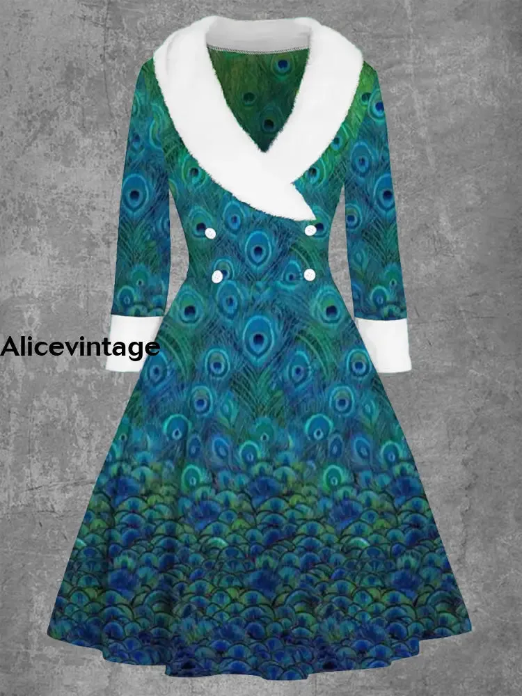 Women's Fashion Elegant Artistic Peacock Feather Printed V-Neck Fur Collar Long Sleeve Coat