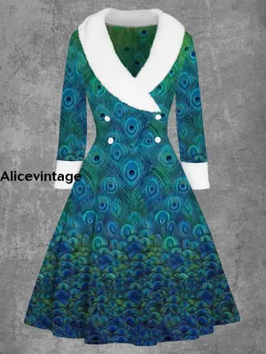 Women's Fashion Elegant Artistic Peacock Feather Printed V-Neck Fur Collar Long Sleeve Coat
