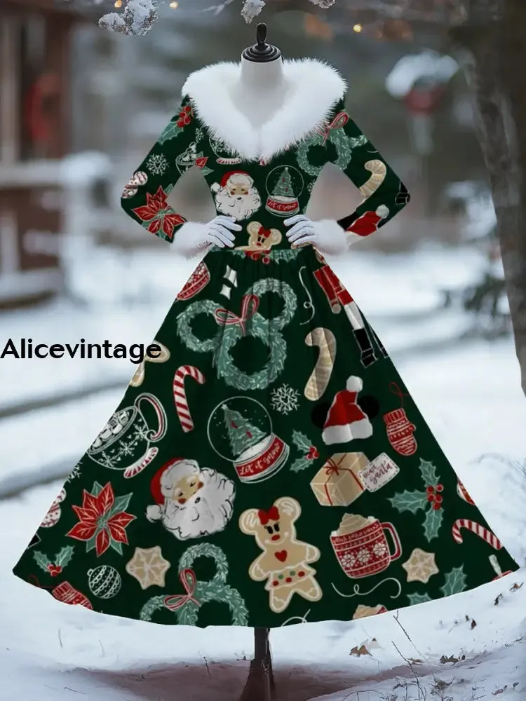 Women's Fashion Elegant Christmas Art Print Long Sleeve V-Neck Fur Collar Maxi Dress Coat