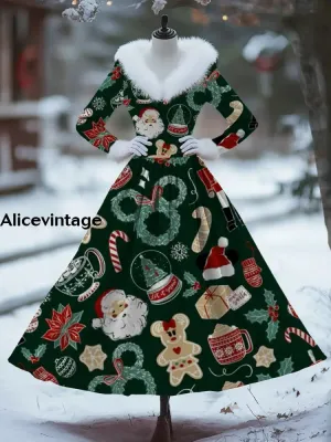 Women's Fashion Elegant Christmas Art Print Long Sleeve V-Neck Fur Collar Maxi Dress Coat