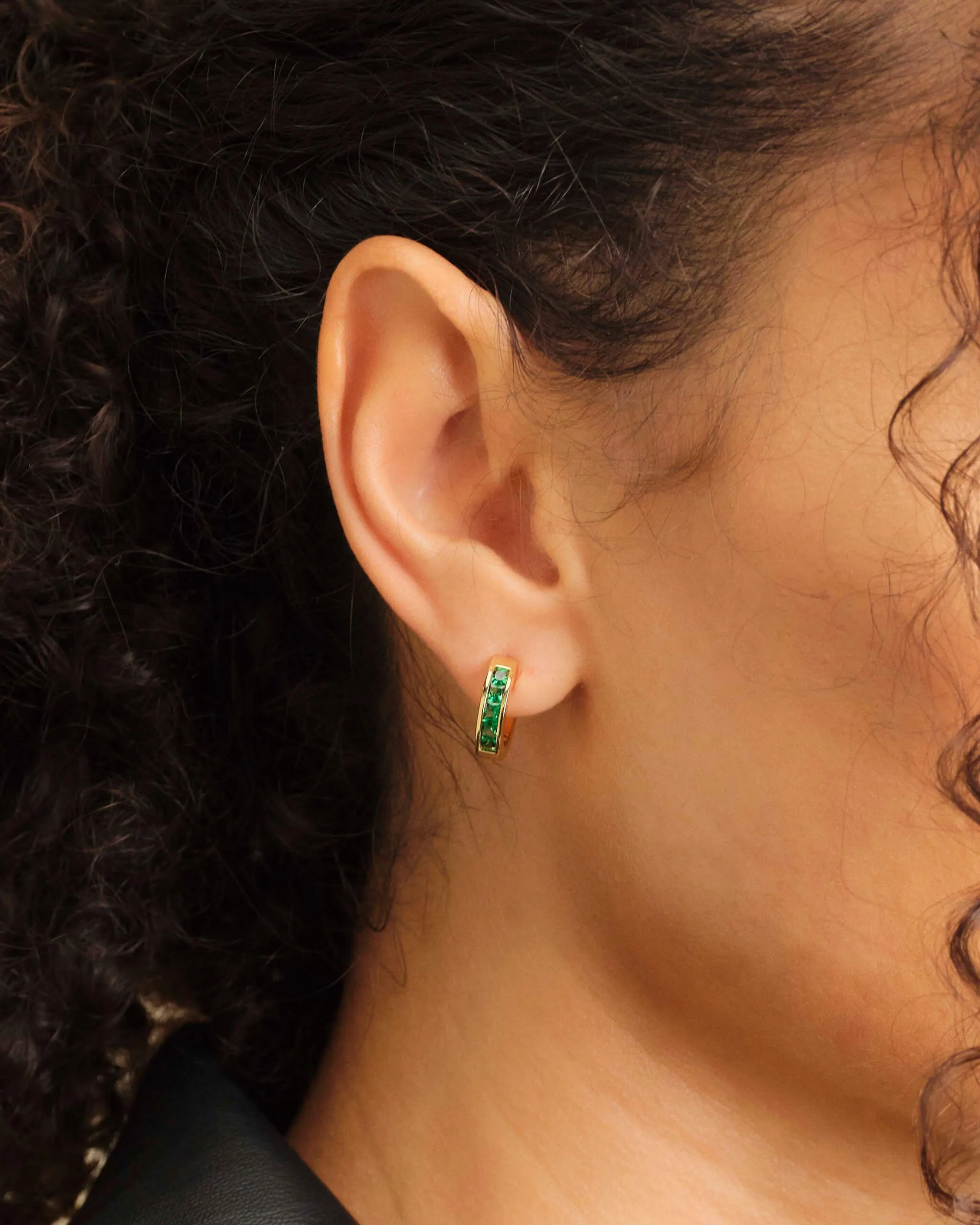 Women's Green Emerald Cut Inset Hoop Earrings