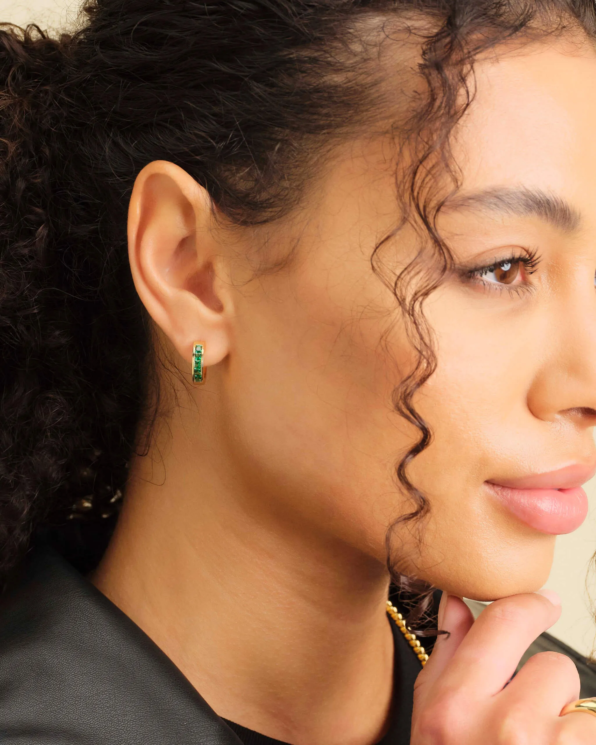 Women's Green Emerald Cut Inset Hoop Earrings